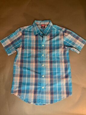 Wrangler Boys Blue Plaid Short Sleeve Button-Down Shirt | Size L (10/12)